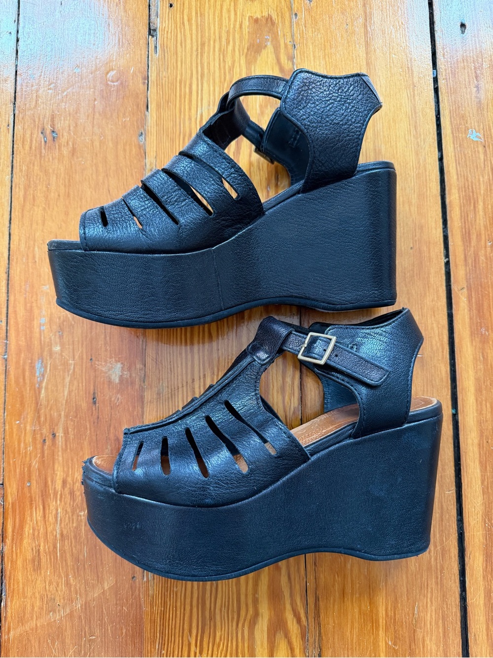 Chie Mihara Black Platform Wedge Sandals